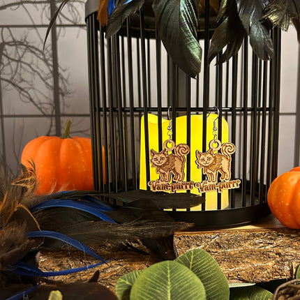 Vampire Cat Earrings | "Vam-purrr" Halloween Engraved Wood