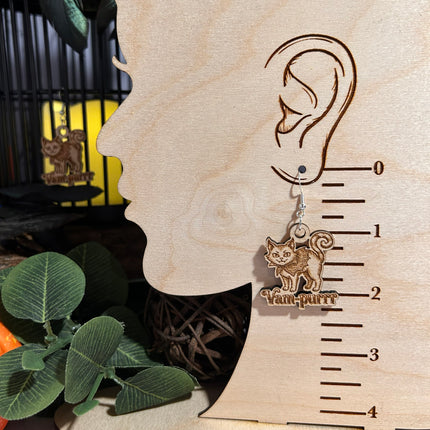 Vampire Cat Earrings | "Vam-purrr" Halloween Engraved Wood