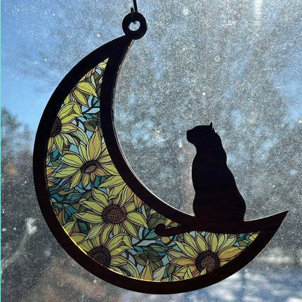 Wood & Stained Glass Cat on the Moon Sun Catcher - Perfect for Kitty Lovers!