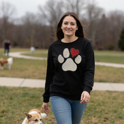 Glitter & Rhinestones Heart Paw Long Sleeve T-Shirt