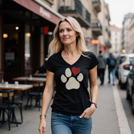 Glitter & Rhinestones Heart Paw V-Neck T-Shirt