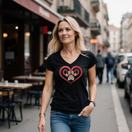 Glitter Spiral Heart Paw Print V-Neck T-Shirt