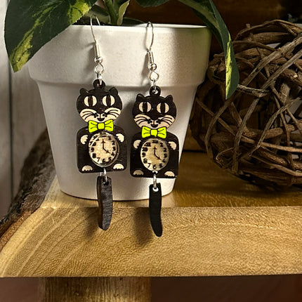 Earrings - Cat Clock Earrings with Blue Bow Tie – Whimsical Cat Lover Jewelry