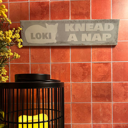 Custom Engraved Cat Sign – Personalized "Knead a Nap" Ceramic Tile