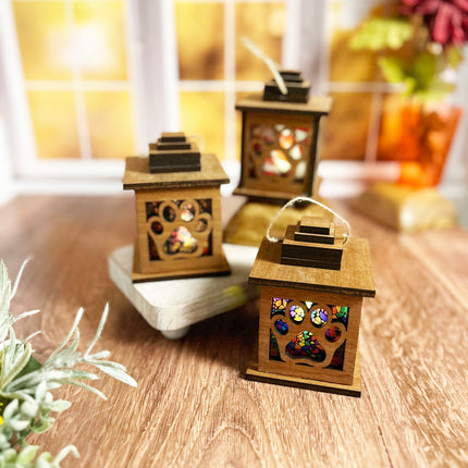 Mahogany Wood Tealight Lantern with Elegant Paw Print Cutouts and Stained Glass Insert