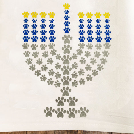 Paw Print Menorah Hannukah Tea Towel / Dog Themed Flour Sack Cotton Towel