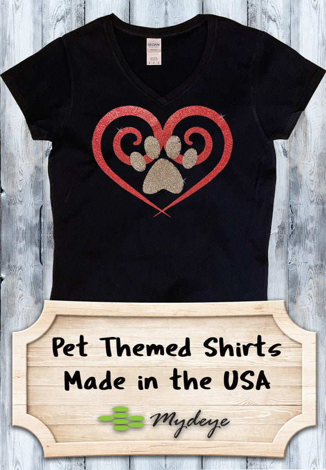 Glitter Spiral Heart Paw Print V-Neck T-Shirt