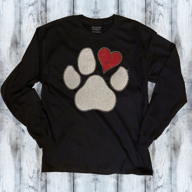 Glitter Rhinestone Heart Paw Long Sleeve T-Shirt