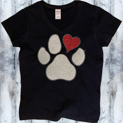Glitter Rhinestone Heart Paw V-Neck T-Shirt