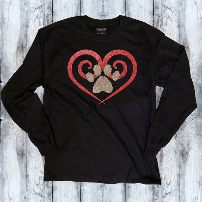 Glitter Spiral Heart Paw Print Long Sleeve T-Shirt