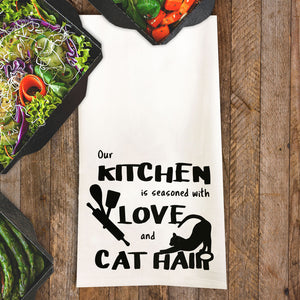 Seasoned with Love and Cat Hair Tea Towel / Cat Themed Flour Sack Cotton Towel