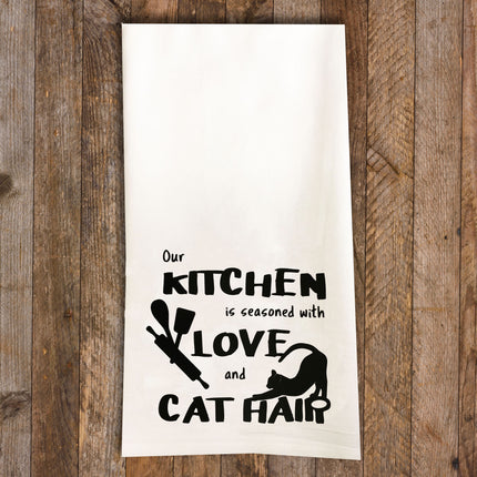Seasoned with Love and Cat Hair Tea Towel / Cat Themed Flour Sack Cotton Towel